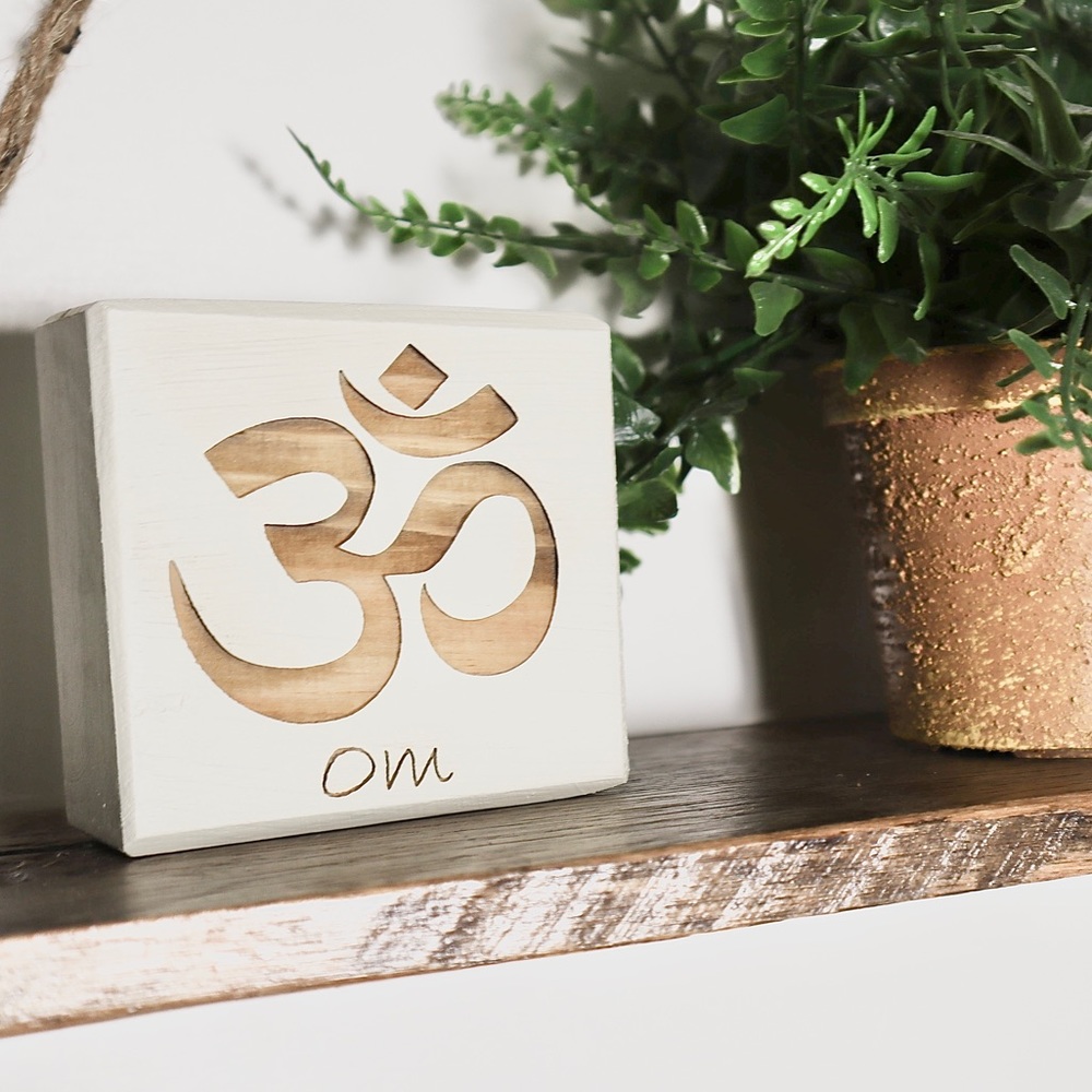 Om Laser Engraved Wood Yoga Sign - Antique White